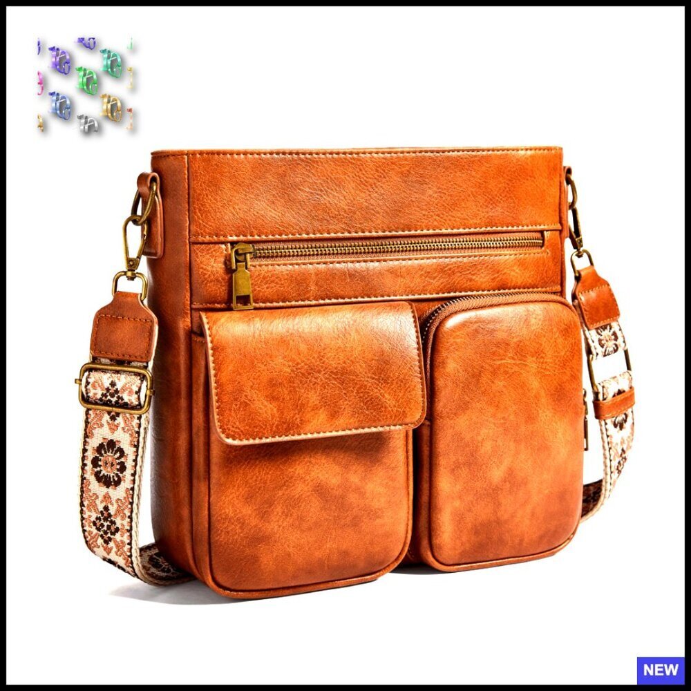 Vegan Leather Crossbody Bag Retro Chic Multi Pocket Everyday Purse Adjustable